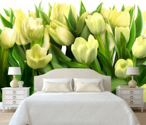 Фотообои белые тюльпаны в интерьере спальни